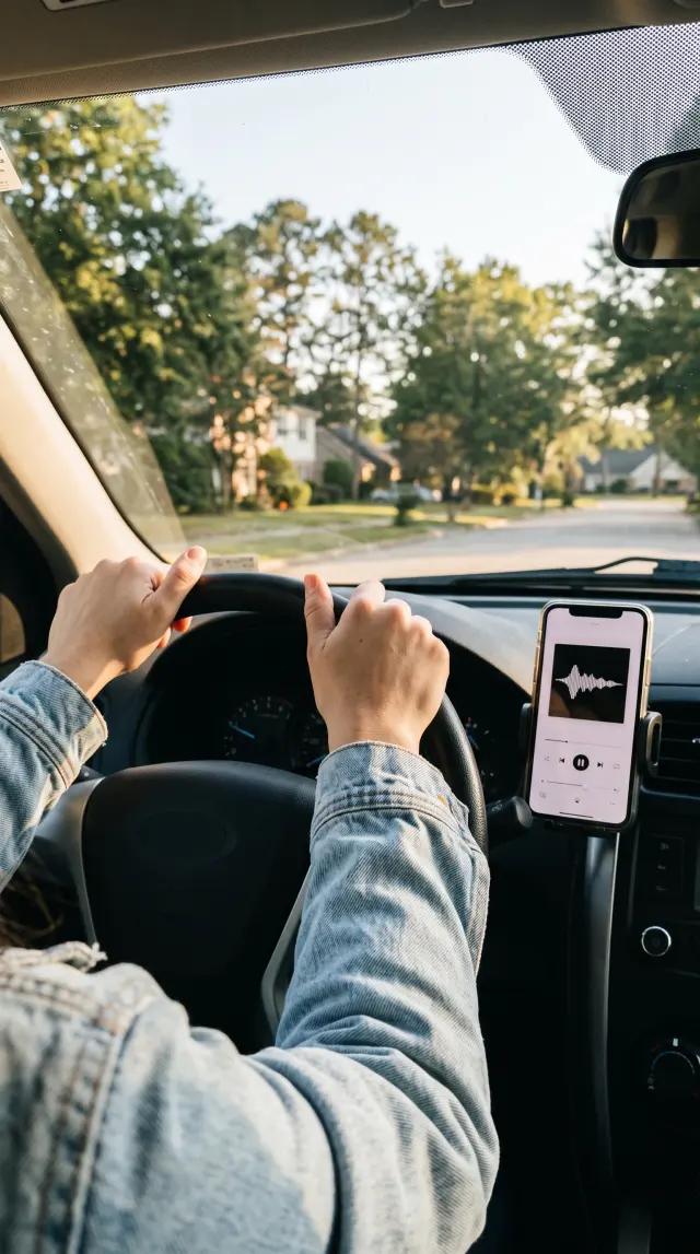 Manos en el volante de un auto, con el celular en el soporte reproduciendo un audio