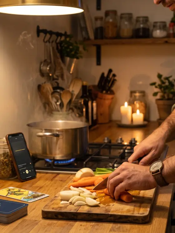Un hombre cortando verduras en la cocina con el celular apoyado al lado