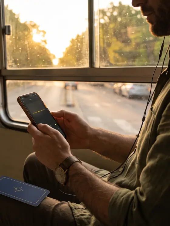 Un hombre en el colectivo con auriculares, mirando el celular