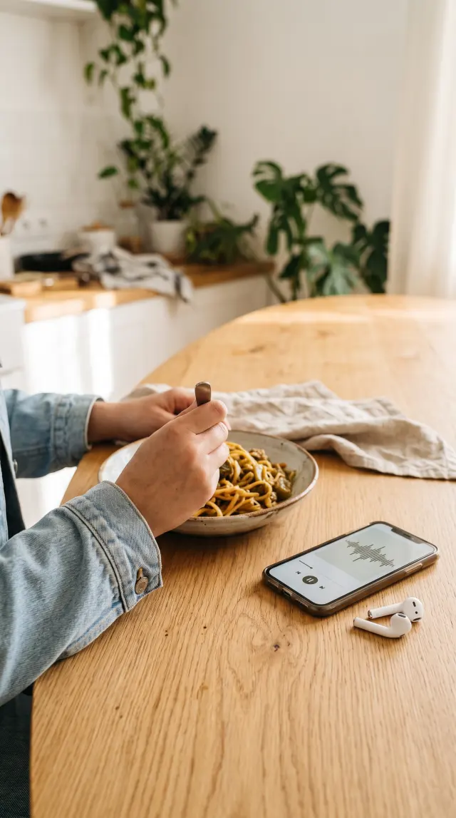 Manos con un plato y el celular apoyado al lado, reproduciendo un audio
