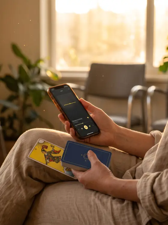 Una mujer en una sala de espera con el celular en la mano y un mazo de tarot sobre las rodillas