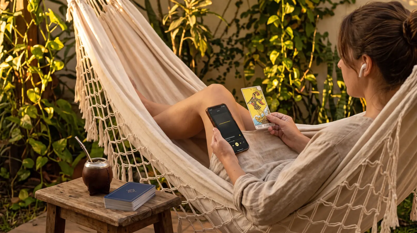 Una mujer en una hamaca en el patio, con el celular y la carta de El Loco en la mano, y un mate y un mazo de tarot en el banquito